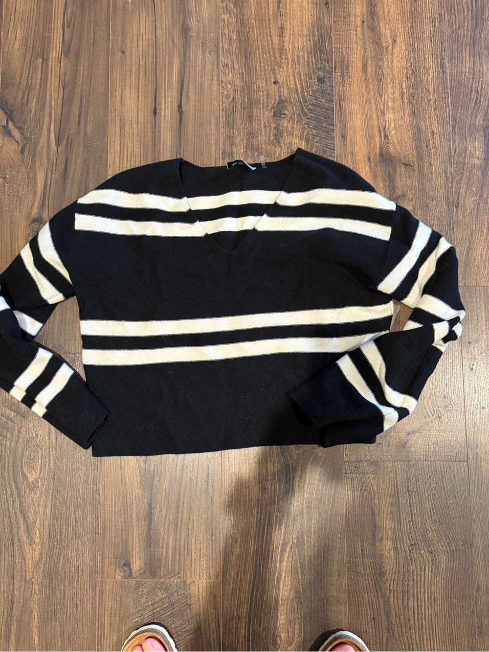 LNA Black and White Striped V-Neck Sweater Top